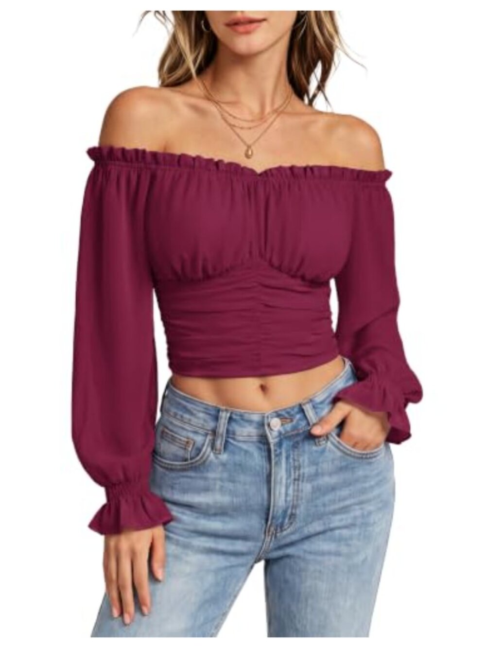 Women's Off Shoulder Crop Top Long Sleeve Going Out Shirt Chiffon Ruched